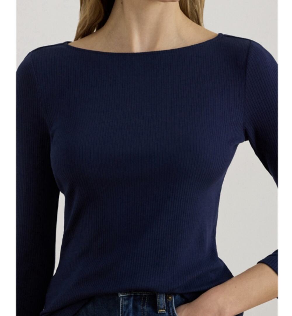 Lauren Ralph Lauren Stretch Boatneck Top Women’s Large Navy Blue Ribbed NWT